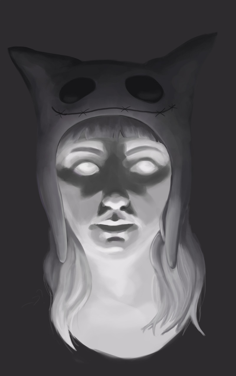 Digital painting in grey scale of a ghostly girl in hat