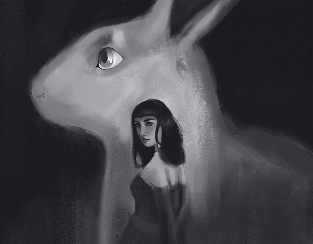 Dark digital study of a girl with a rabbit