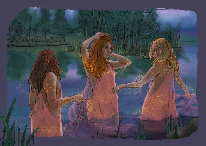 Soft coloured lake with part of the shore in the distance. Three water nymphs covered in a sheer fabric playing in the lake surrounded by magical light.