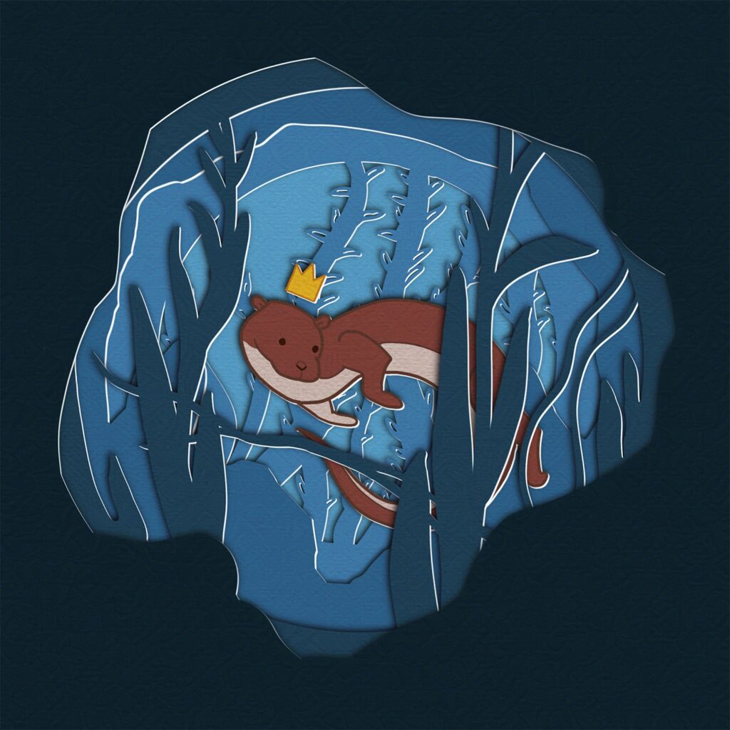 Faux paper cut of an otter with a golden crown swimming underwater.