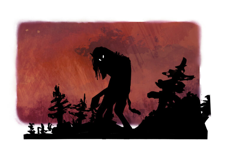 Image of a voilent red night sky with a black sillhouette of a troll looming tall over the trees in the foreground.