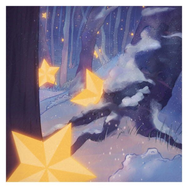 Square artwork of a snowy forest at night with several fallen glowing stars. Colourscheme is purple and blue, with yellow stars
